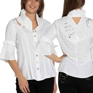 ELISA CAVALETTI 100% Linen 3/4 Sleeve Button Front Blouse Shawl Collar US Sz S